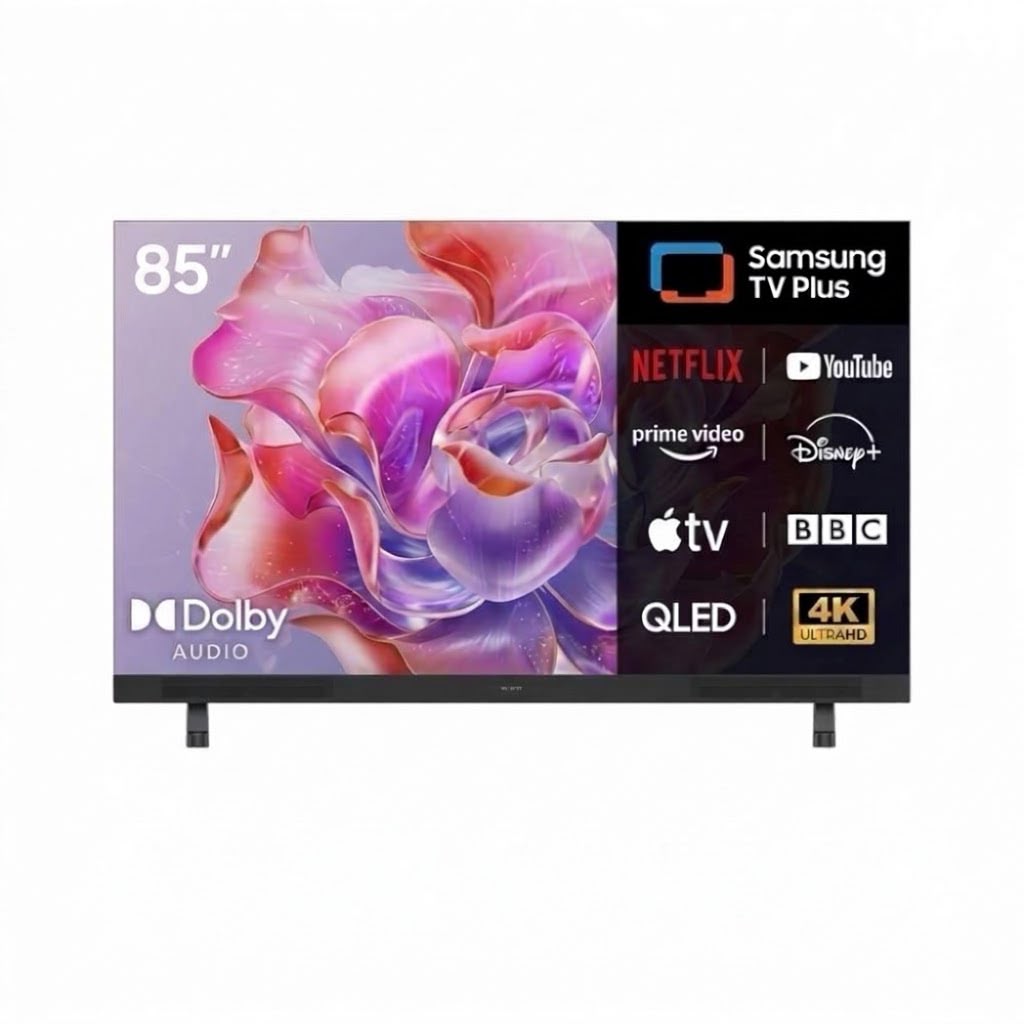 شاشة تلفزيون aiwa مقاس TVs- 85" سمارت بنظام تيزن ورام 1.5 جيجابايت مع ذاكرة 8 جيجابايت وواي فاي وبلوتوث وتحكم صوتي وبدون إطار مع ريسيفر داخلي