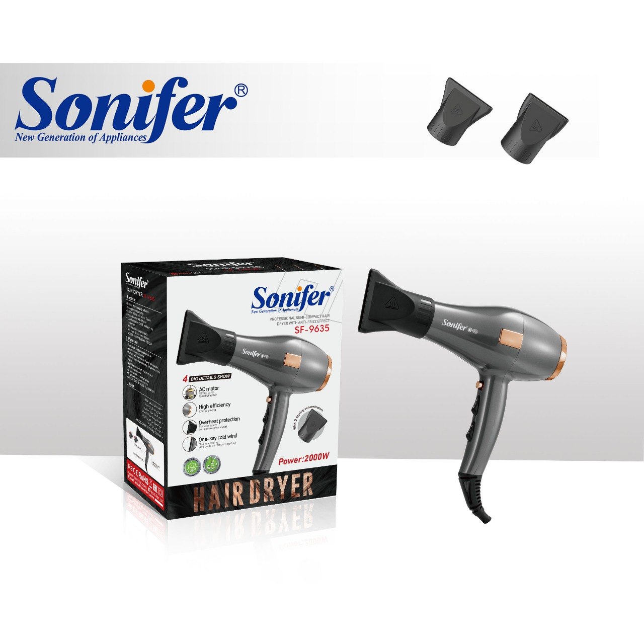 Sonifer SF-9635 – مجفّف شعر احترافي بقدرة ‎2000 واط تقريبًا ومحرك AC منخفض الضوضاء