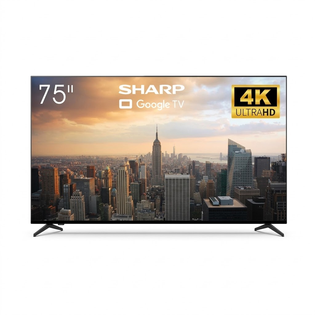 تلفزيون شارب أكووس 75 بوصة ذكي بدقة 4K Ultra HD ونظام أندرويد وإطار ألمنيوم مع تحكم صوتي وصوت محيطي Sharp 4T-C75EK2NX