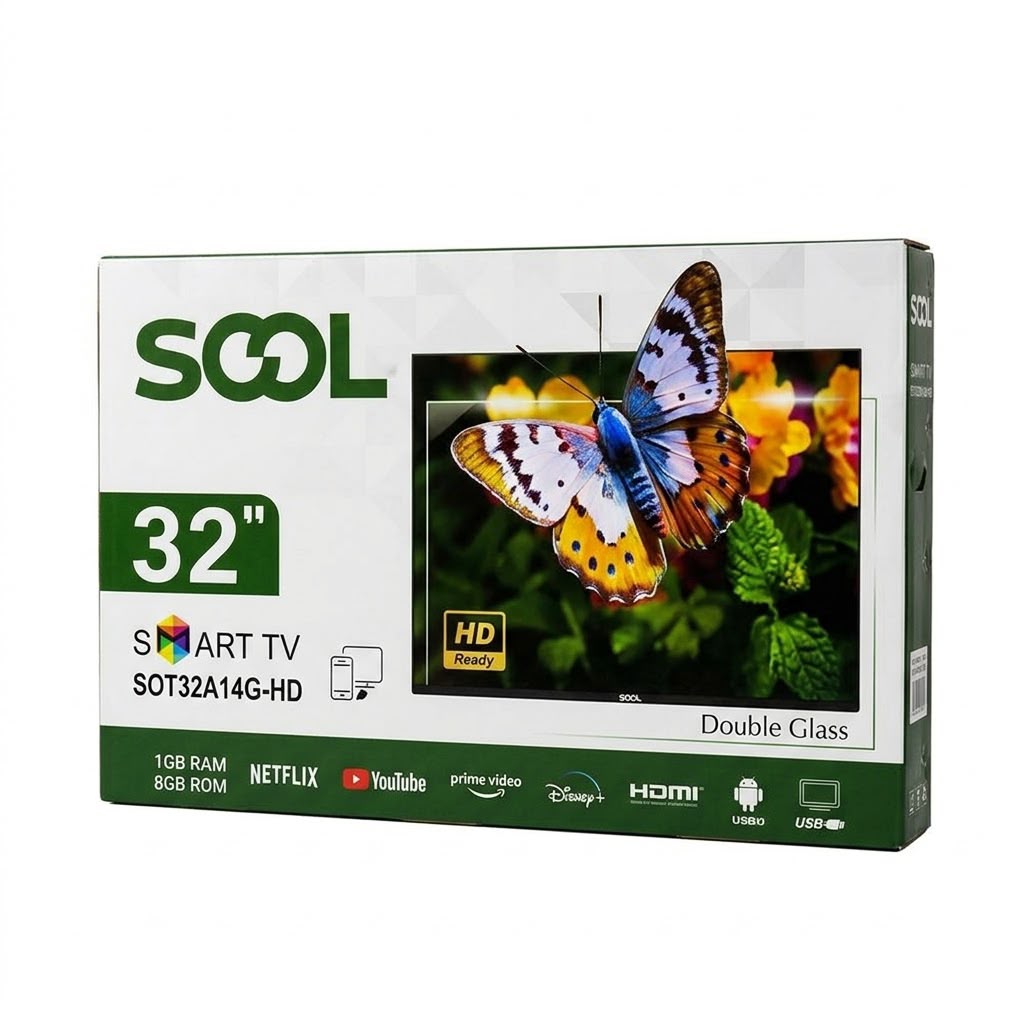 شاشة سوول 32 بوصة سمارت HD موديل SOT32A14G-HD شاشة ضد الكسر مع منفذ HDMI ورام 1GB وذاكرة تخزين 8GB
