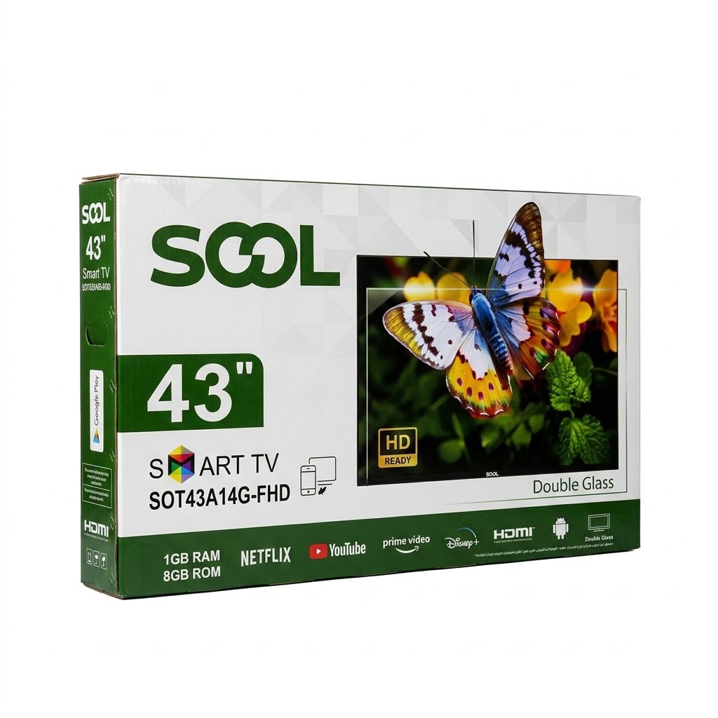 شاشة سوول 43 بوصة سمارت FHD موديل SOT43A14G-FHD شاشة ضد الكسر مع منفذ HDMI ورام 1GB وذاكرة تخزين 8GB