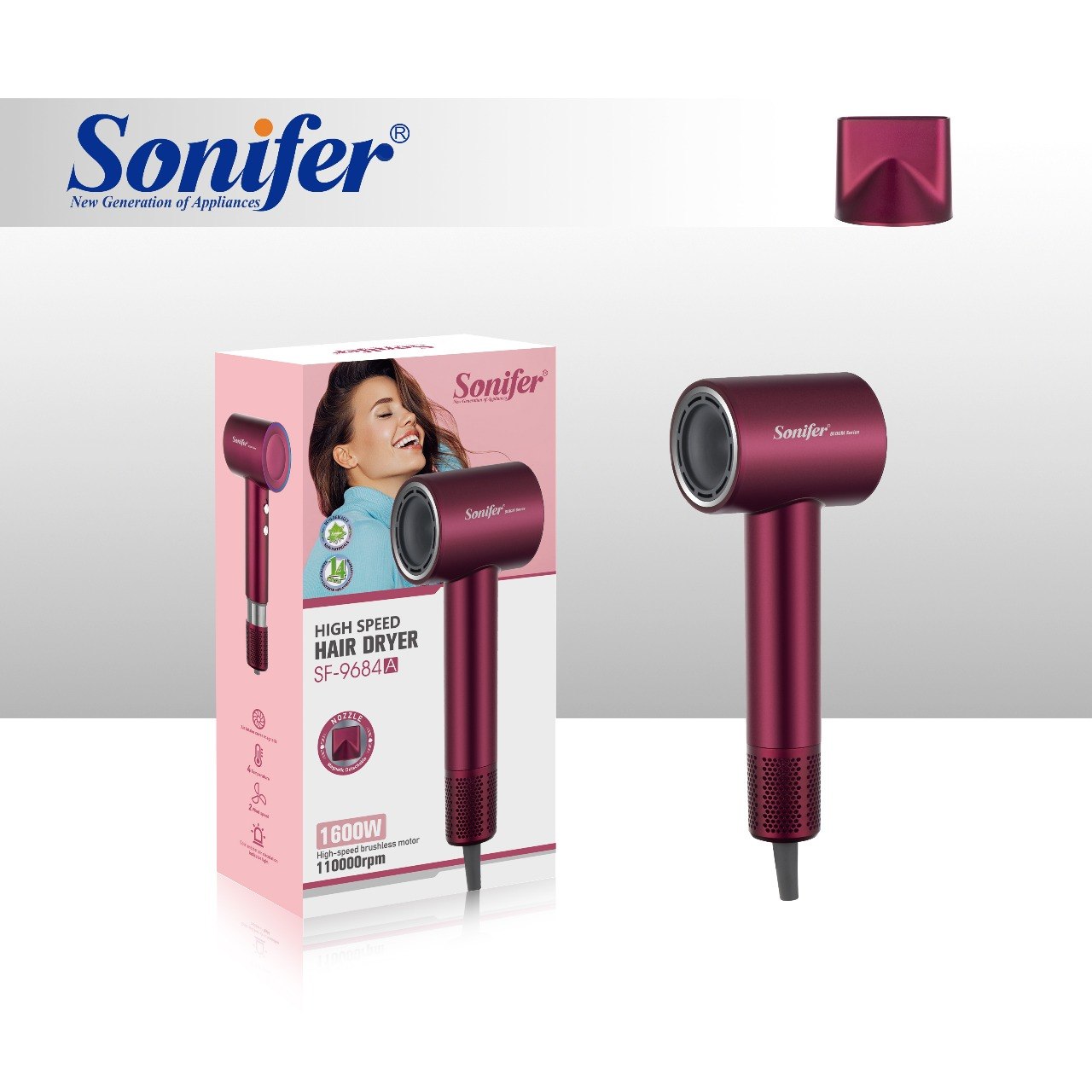 Sonifer SF-9684A – مجفّف شعر عالي السرعة لمحرك يدور بسرعة 110000 RPM تقريباً