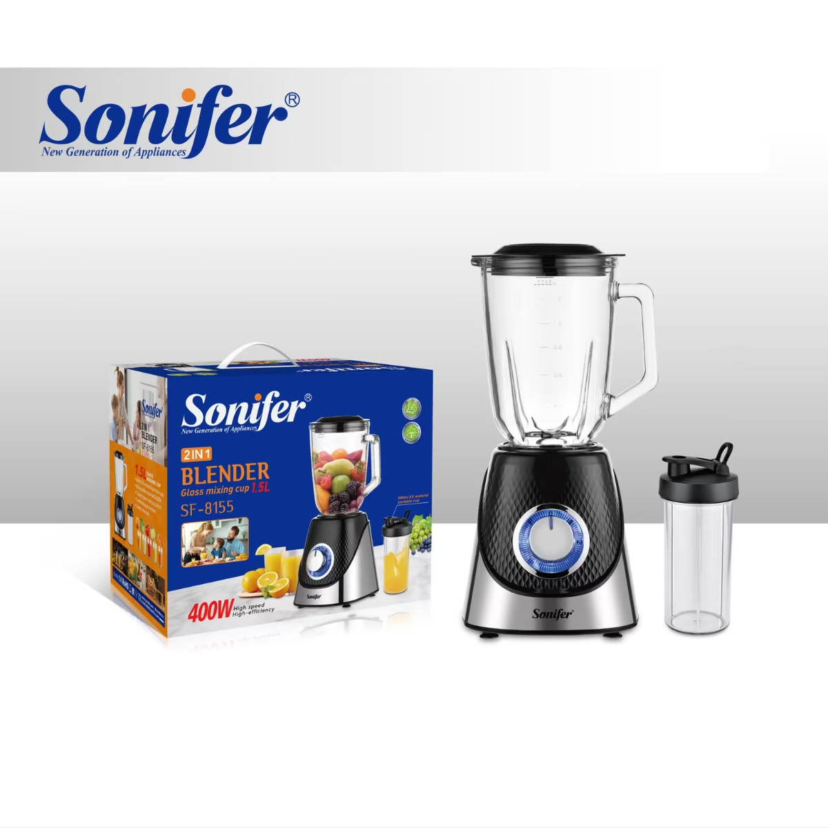 خلاط كهربائي Sonifer SF-8155 — قدرة 400 واط / تصميم 2-في-1 / مقبض كرومي كبير (Big Chromed Switch Knob)