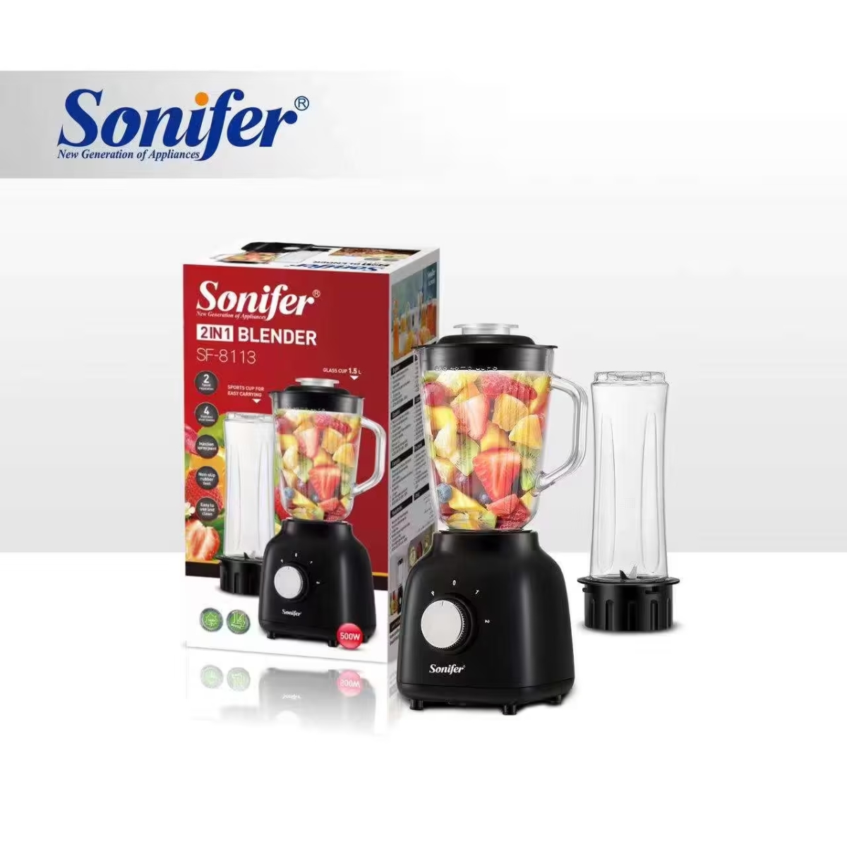 خلاط/مطحنة كهربائي Sonifer SF-8113 — سعة 1.5 لتر / قدرة 500 واط تقريبًا / تصميم 2-في-1