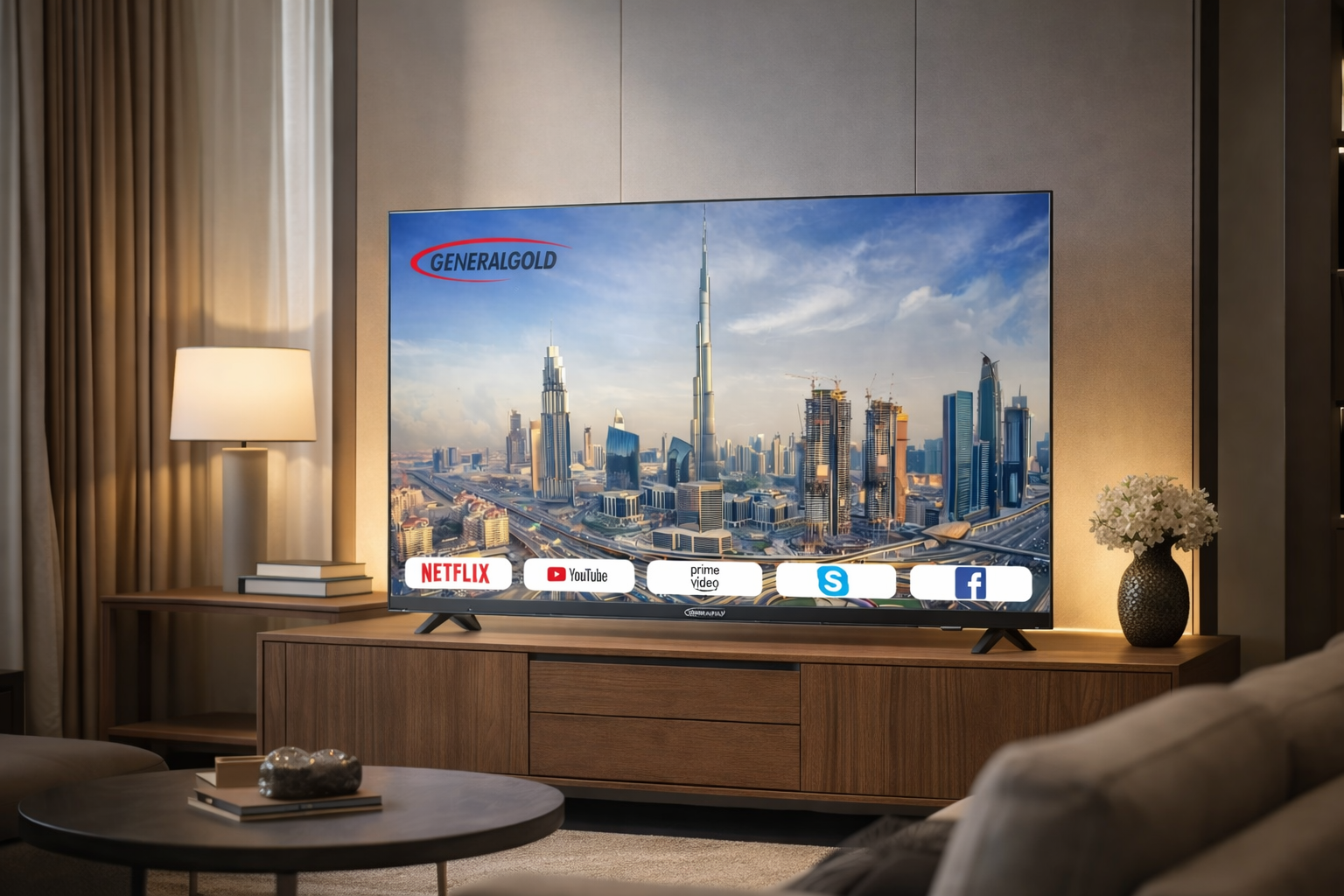شاشة جنرال جولد 55 بوصة سمارت مع اشتراك IP TV FAMILY لمدة سنة+ رسيفر داخلي