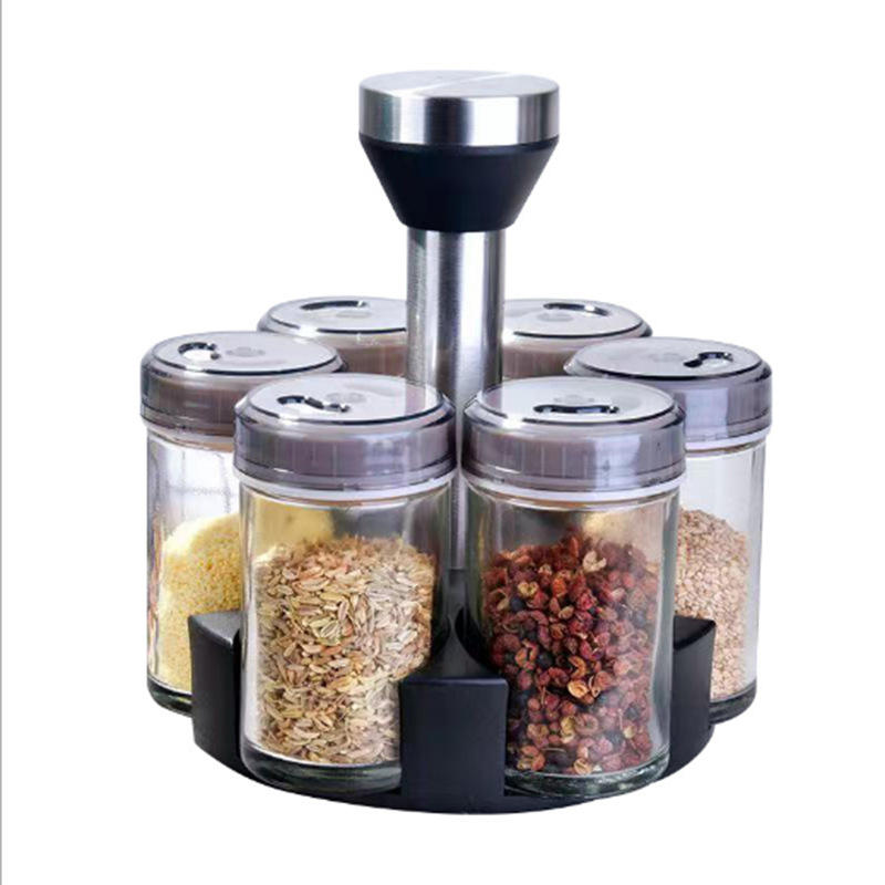 منظم بهارات دوّار مع 6 علب زجاج – 360° Rotating Spice Rack – ستانلس ستيل مقاوم للصدأ