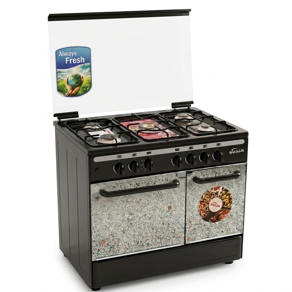 فرن غاز  Hindico 960B لون أسود مع خمس رؤوس نحاس ونظام تشغيل غاز غاز